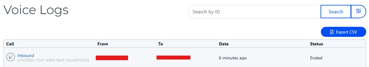 The logs page showing voice logs where inbound faxes will be received